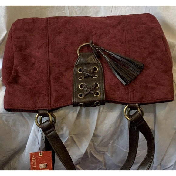 New Faded Glory Red Berry Suede Tote Purse Handbag Double Brown Handles - Picture 4 of 9